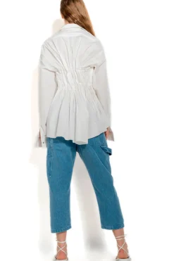 WHITE CINCHED PLEATED SHIRT
