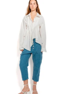 WHITE CINCHED PLEATED SHIRT