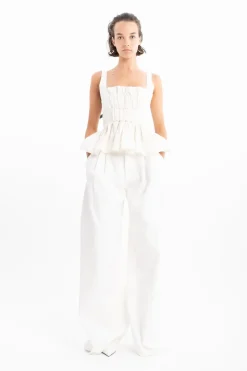 WHITE DENIM PLEATED TROUSERS