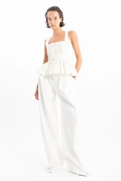 WHITE DENIM PLEATED TROUSERS
