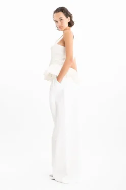 WHITE DENIM PLEATED TROUSERS