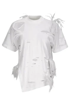 WHITE DISTRESSED T-SHIRT WITH FEATHERS