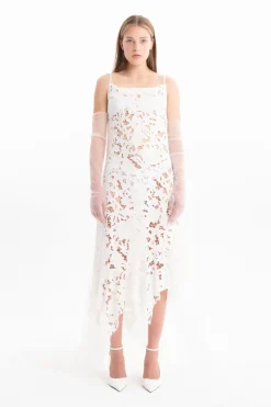WHITE EMBROIDERED STRAP DRESS WITH PEPLUM