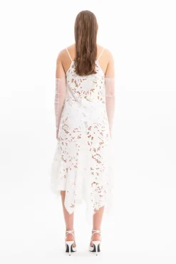 WHITE EMBROIDERED STRAP DRESS WITH PEPLUM