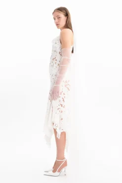WHITE EMBROIDERED STRAP DRESS WITH PEPLUM