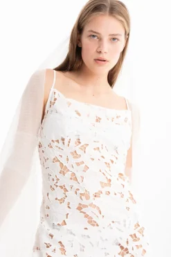 WHITE EMBROIDERED STRAP DRESS WITH PEPLUM