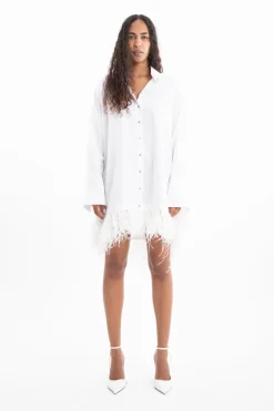 WHITE FEATHER HEM SHIRT DRESS