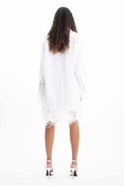 WHITE FEATHER HEM SHIRT DRESS