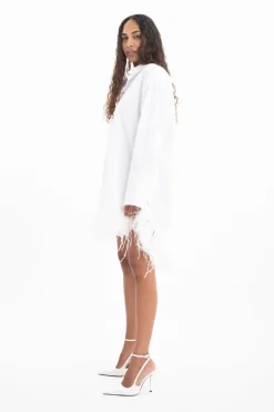 WHITE FEATHER HEM SHIRT DRESS