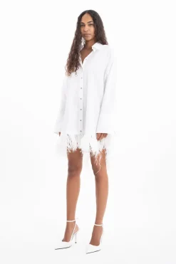 WHITE FEATHER HEM SHIRT DRESS