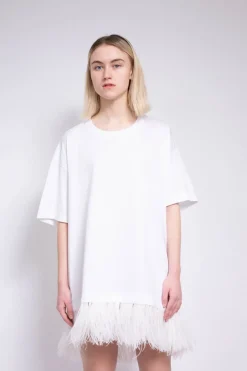 WHITE FEATHER HEM T-SHIRT DRESS