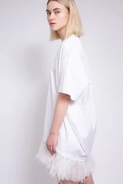 WHITE FEATHER HEM T-SHIRT DRESS