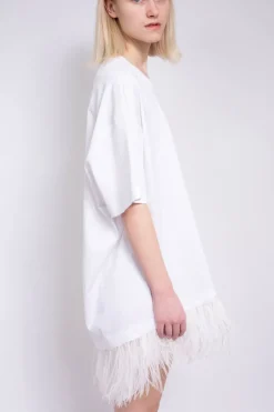 WHITE FEATHER HEM T-SHIRT DRESS