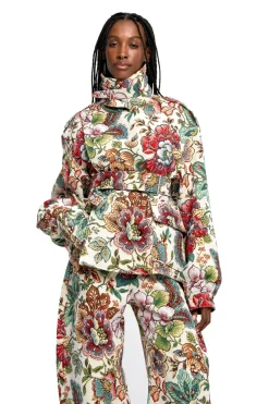 WHITE FLORAL BROCADE CROPPED TRENCH COAT STYLE JACKET
