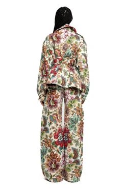 WHITE FLORAL BROCADE CROPPED TRENCH COAT STYLE JACKET