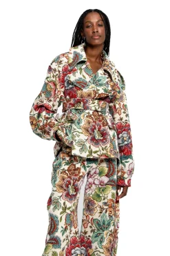 WHITE FLORAL BROCADE CROPPED TRENCH COAT STYLE JACKET