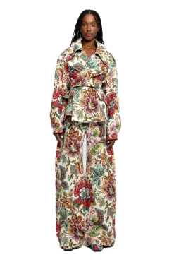 WHITE FLORAL BROCADE CROPPED TRENCH COAT STYLE JACKET
