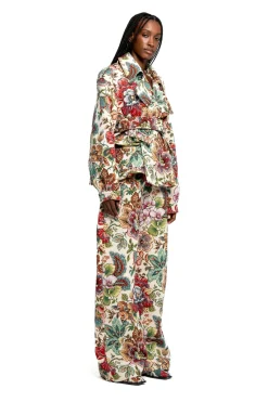 WHITE FLORAL BROCADE CROPPED TRENCH COAT STYLE JACKET