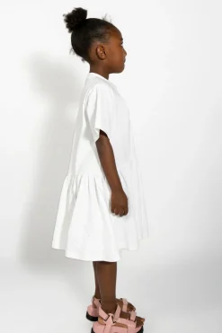 WHITE GATHERED JERSEY T-SHIRT DRESS
