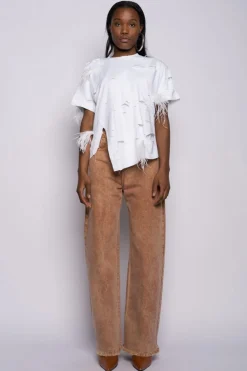 WHITE LINED DISTRESSED T-SHIRT WITH FEATHERS