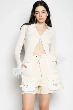 WHITE MERINO WOOL CARDIGAN WITH FEATHERS