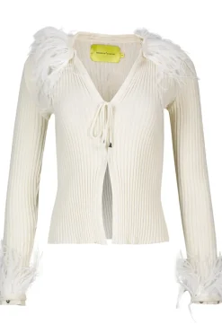 WHITE MERINO WOOL CARDIGAN WITH FEATHERS