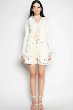 WHITE MERINO WOOL CARDIGAN WITH FEATHERS