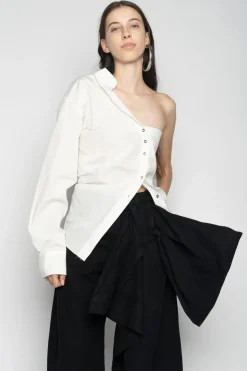 WHITE ONE SHOULDER DRAPED SHIRT