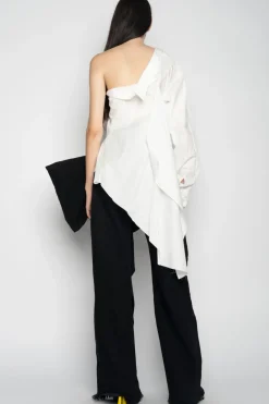 WHITE ONE SHOULDER DRAPED SHIRT