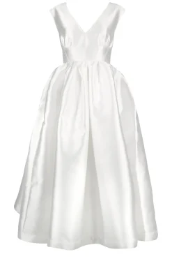 WHITE V NECK CINCHED PLEATED MIDI DRESS