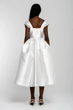 WHITE V NECK CINCHED PLEATED MIDI DRESS