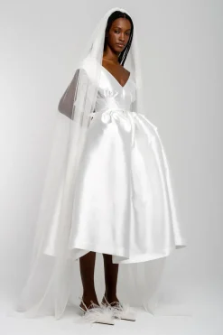 WHITE V NECK CINCHED PLEATED MIDI DRESS