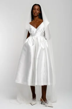 WHITE V NECK CINCHED PLEATED MIDI DRESS