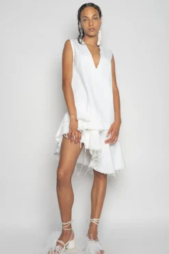 WHITE V-NECK FRILL DRESS