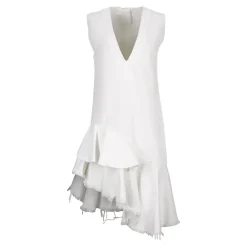 WHITE V-NECK FRILL DRESS