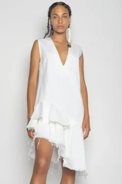 WHITE V-NECK FRILL DRESS