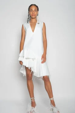 WHITE V-NECK FRILL DRESS
