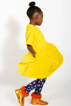 YELLOW GATHERED JERSEY T-SHIRT DRESS