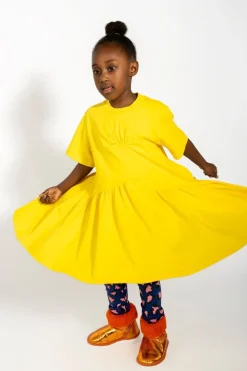 YELLOW GATHERED JERSEY T-SHIRT DRESS