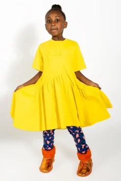 YELLOW GATHERED JERSEY T-SHIRT DRESS